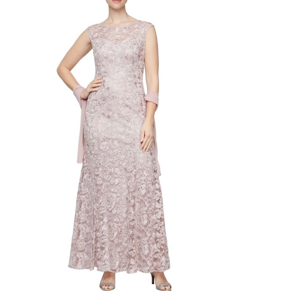 Alex Evenings Wisteria Rose Lace Cap Sleeve Maxi Gown with Shawl Size 12